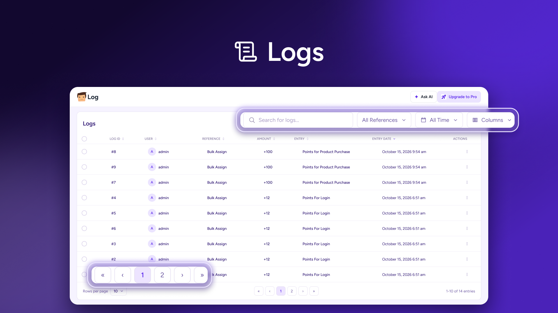 Logs Screen - Track loyalty points transactions, rewards activity, and points and rewards history.