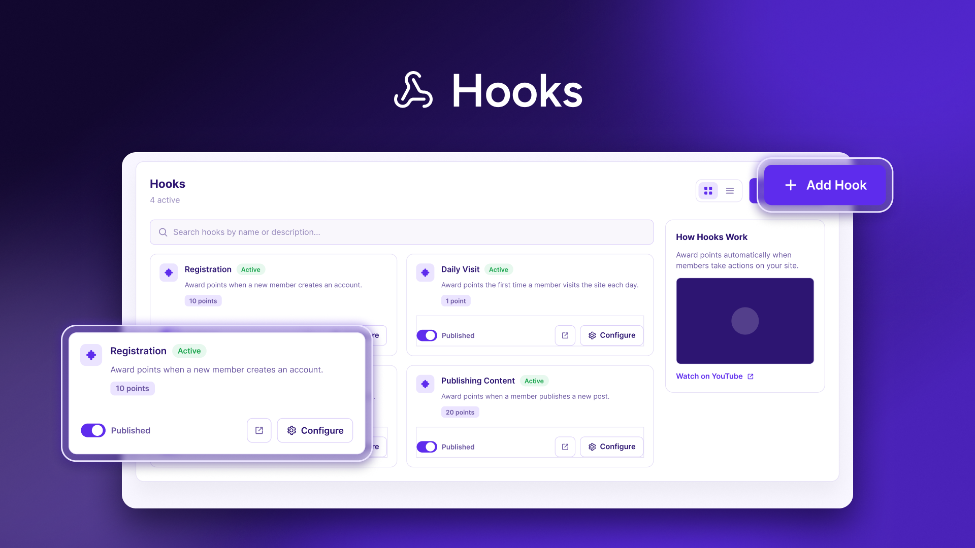 Hooks Screen - Manage hooks awarding loyalty points, rewards, and WooCommerce rewards.