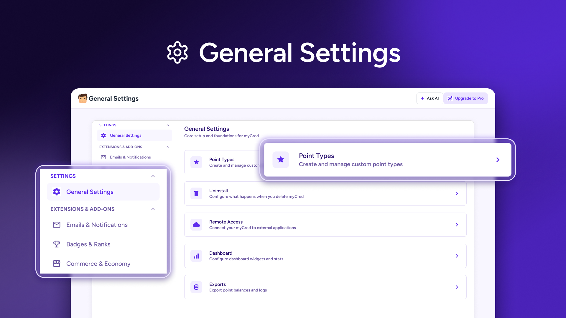 General Settings - Global settings for loyalty points, rewards plugin behavior, and badges.