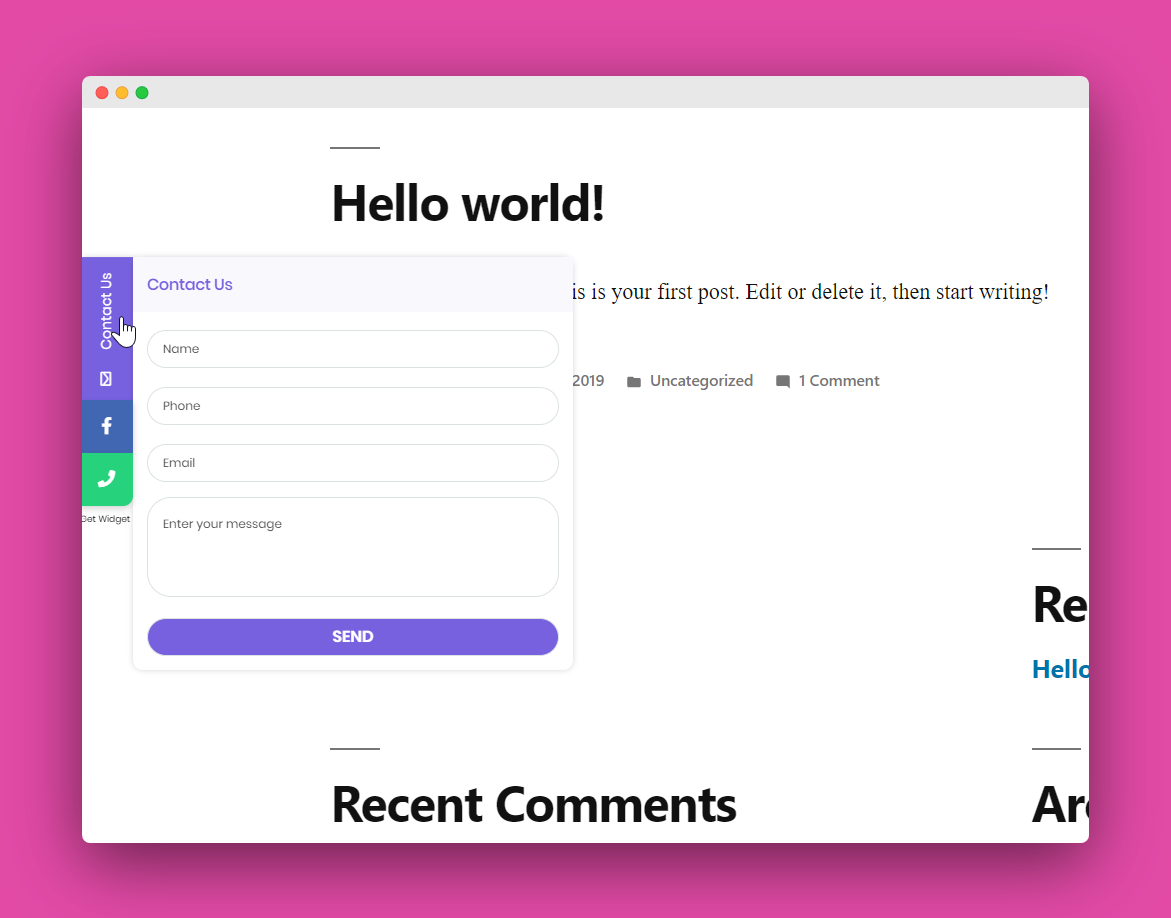 Floating contact form and social buttons live on site