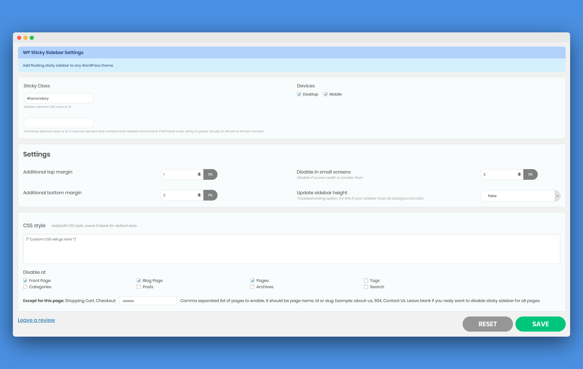 WP Sticky Sidebar backend settings