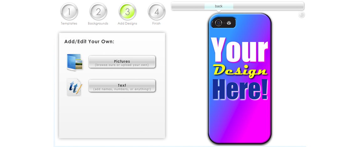 Example of a phone case in the customizer with text added that says