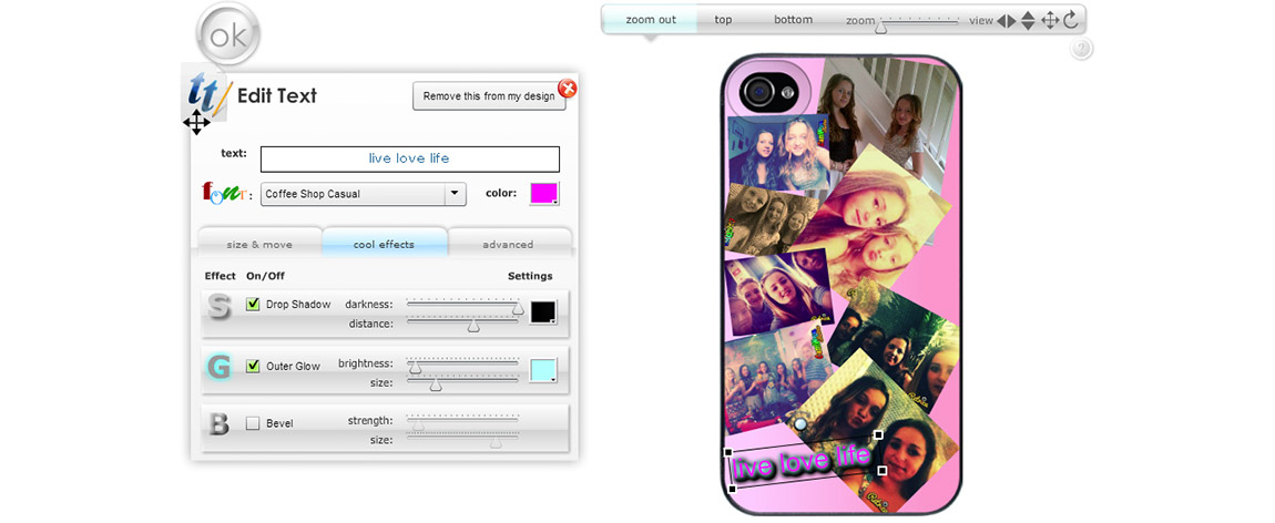 Example of someone who has uploaded a number of images into a phone case design and is adding some stylized text with glow and shadow