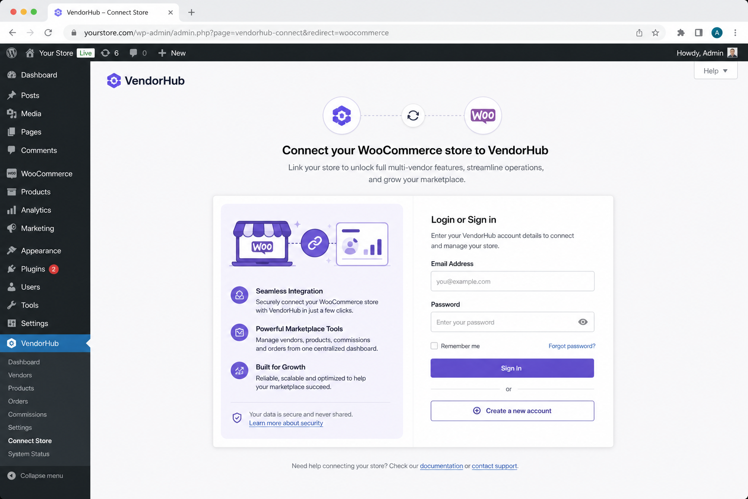 Connected state with Open MyVendorHub (SSO launch)
