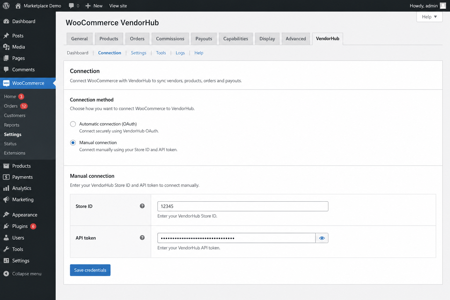 Advanced manual Store ID and API token entry