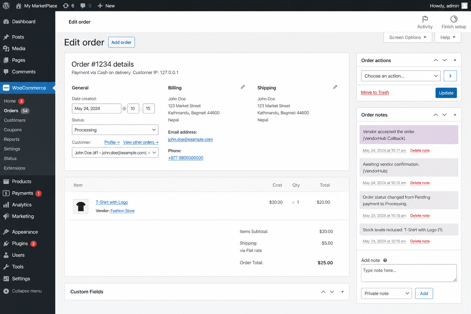 Order note applied after vendor accept in MyVendorHub