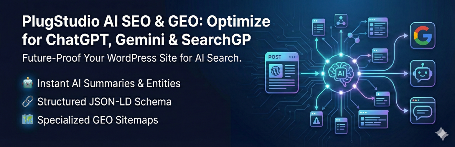 WordPress 外掛 PlugStudio AI SEO & GEO: Optimize for ChatGPT, Gemini & SearchGPT 的封面圖片。