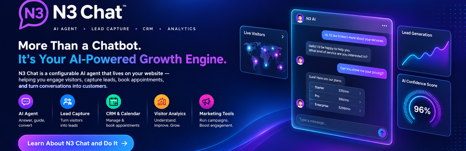 N3 Chat – AI Agent, Live Chat, Calendar Booking &amp; Social Marketing