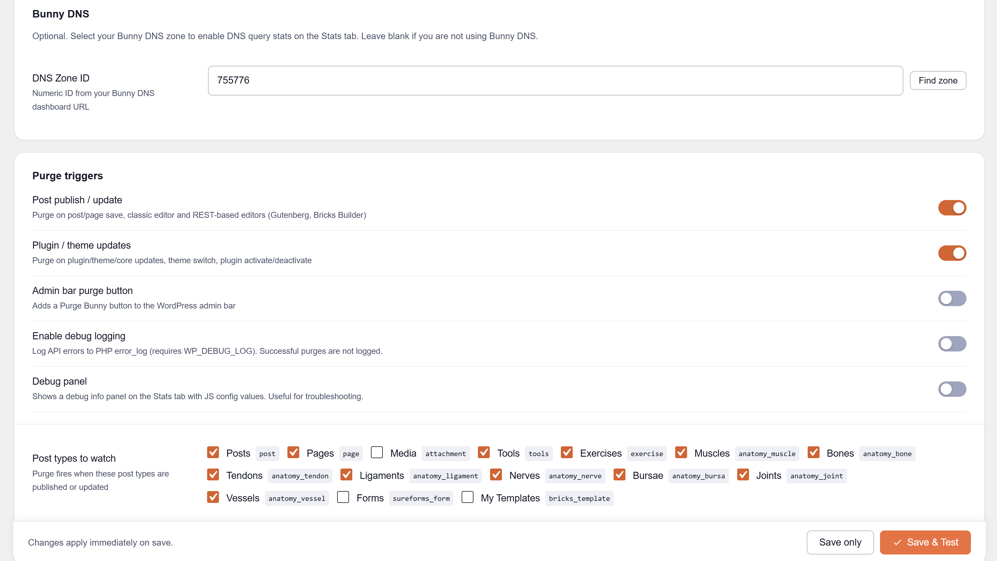 Settings tab — Cache-Control mode and WAF role restriction