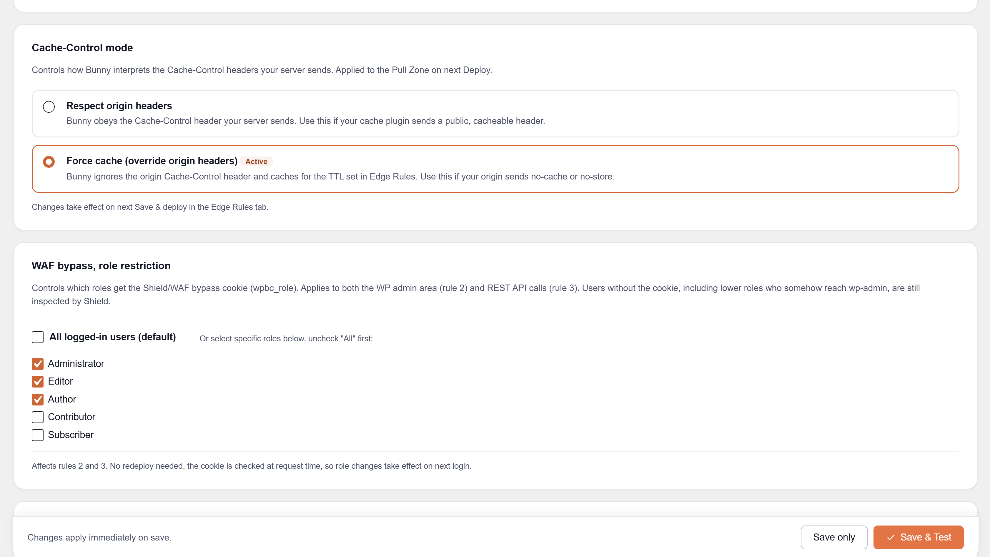 Settings tab — purge triggers and post types to watch