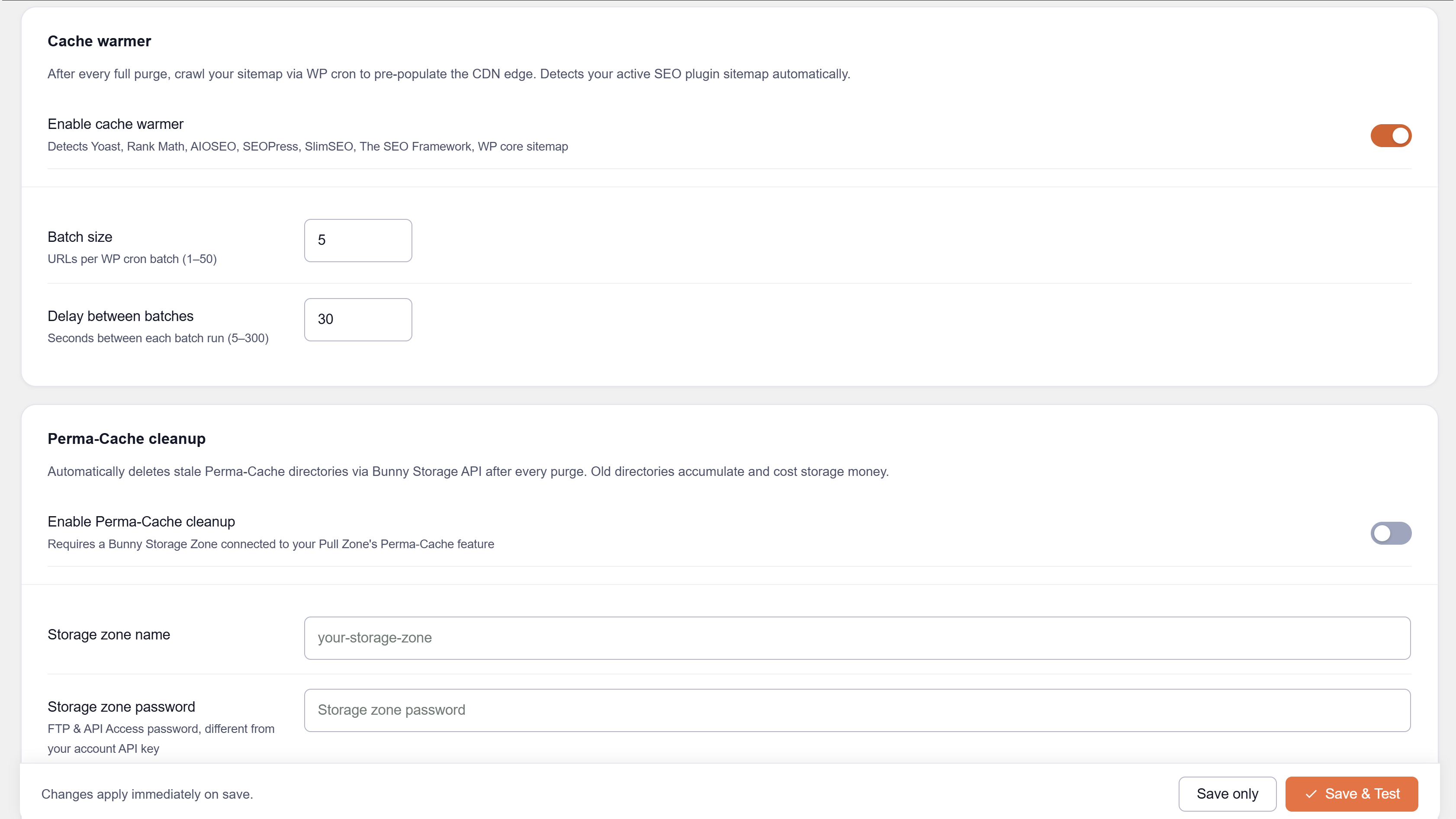 Settings tab — Bunny API configuration and wp-config.php constants