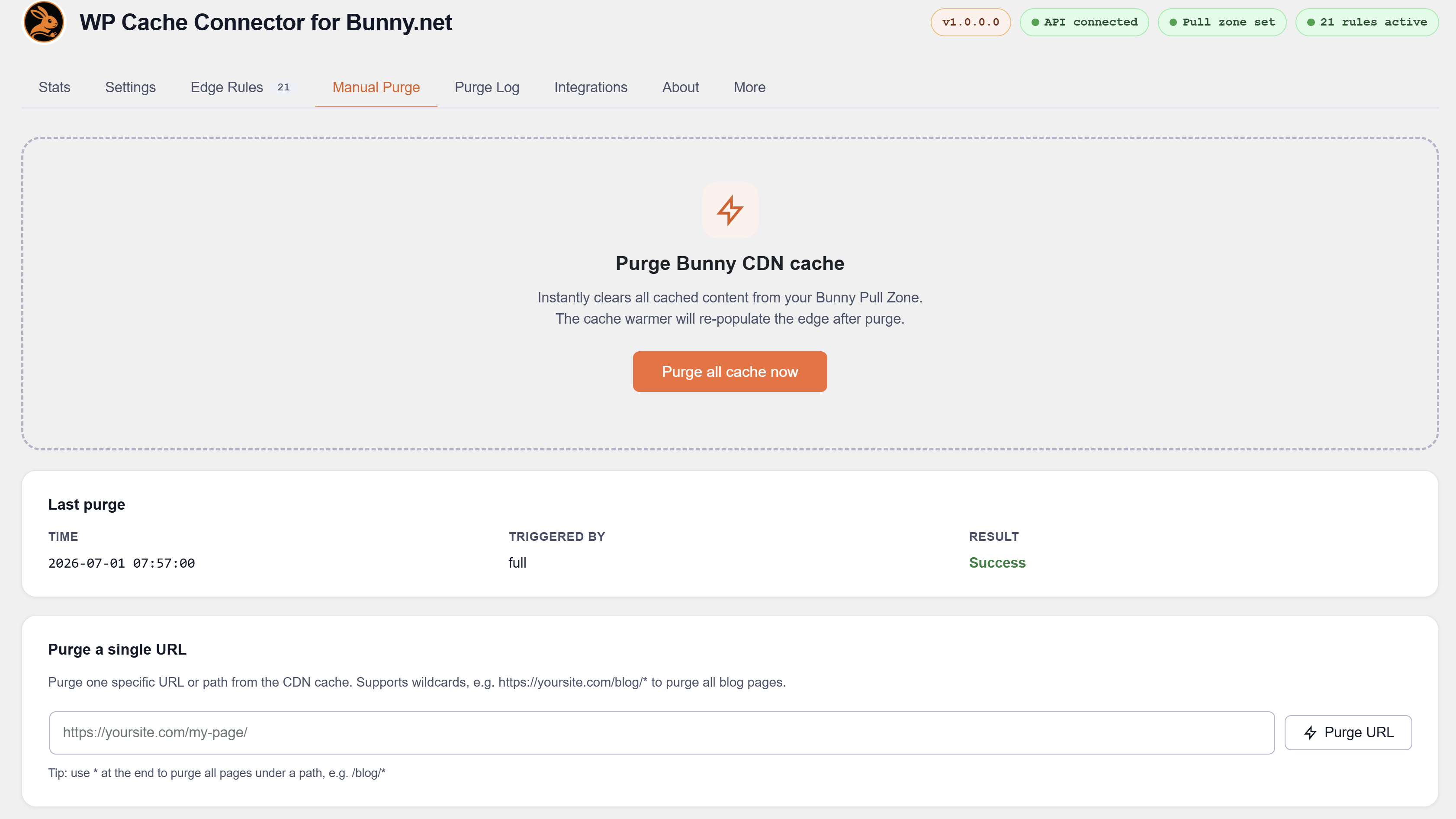 Stats tab — cache hit rate, bandwidth, requests, and cache sync status detail