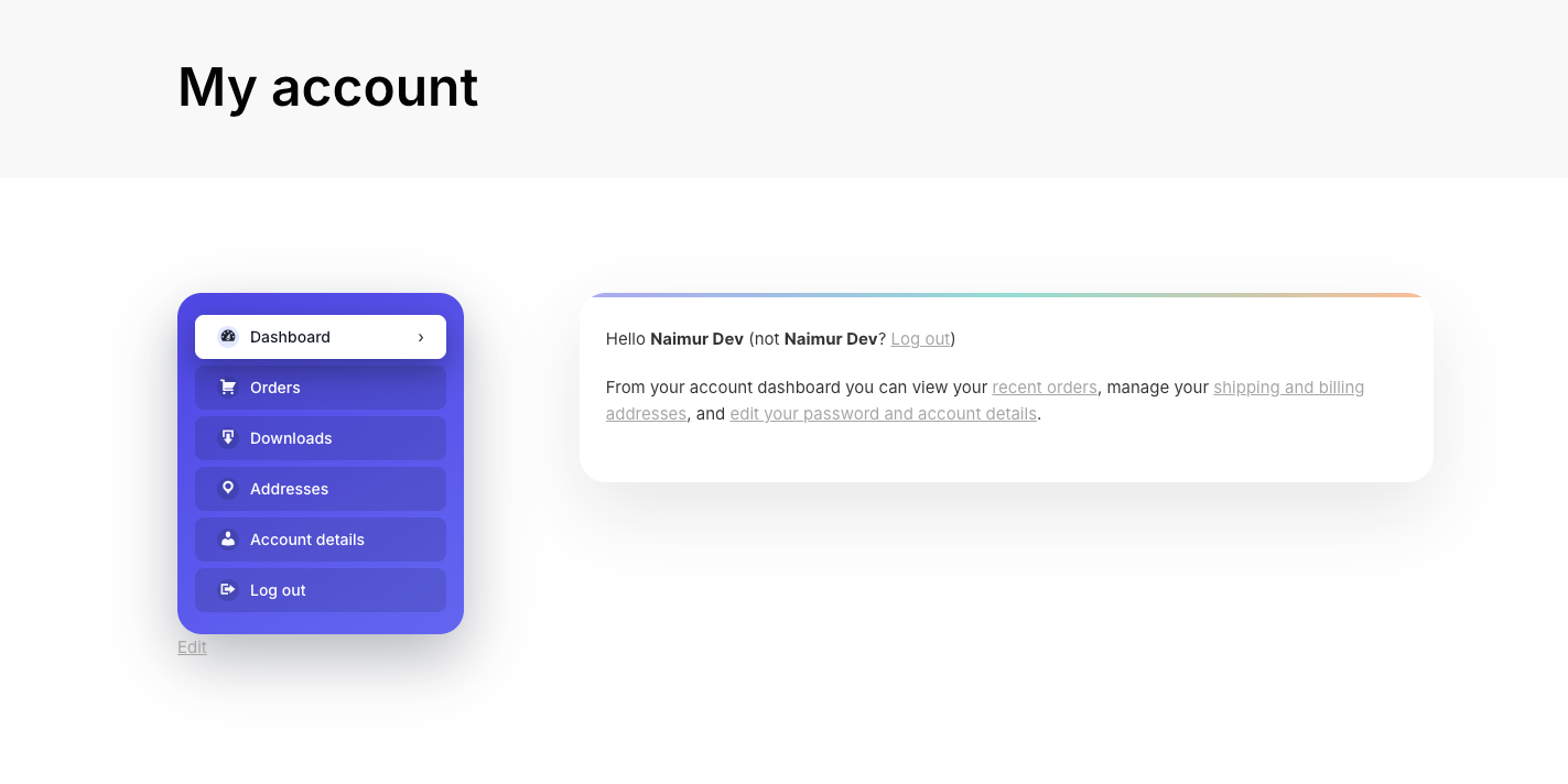 My Account Page (Dashboard)