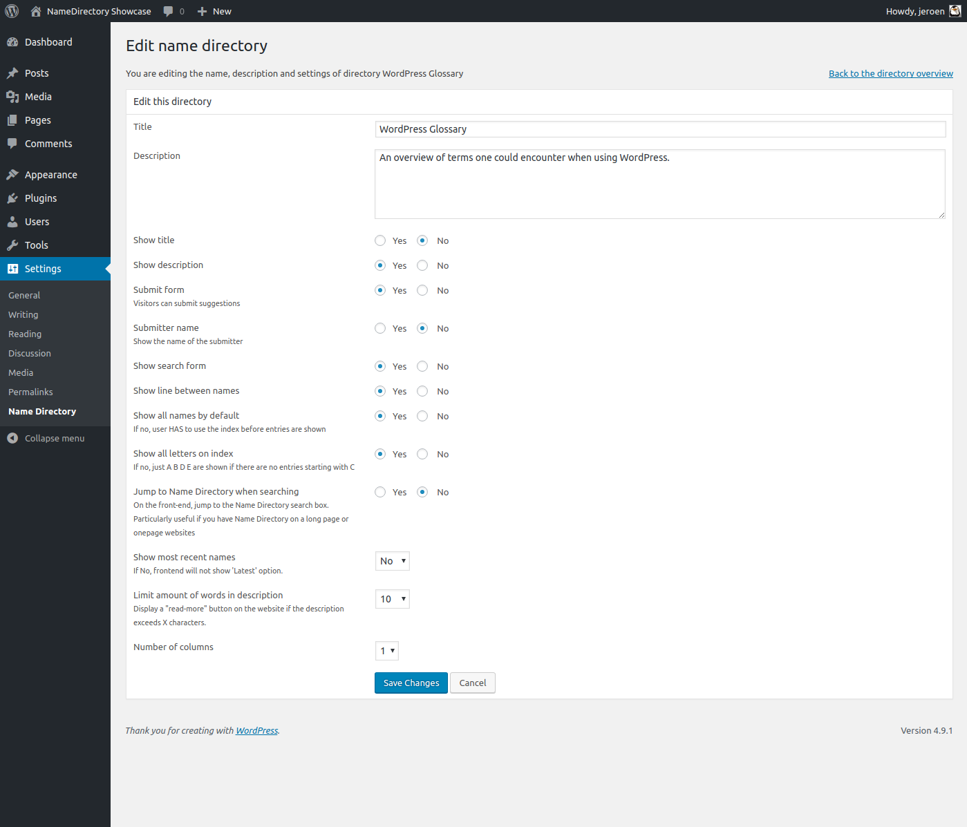 Settings screen for a name directory