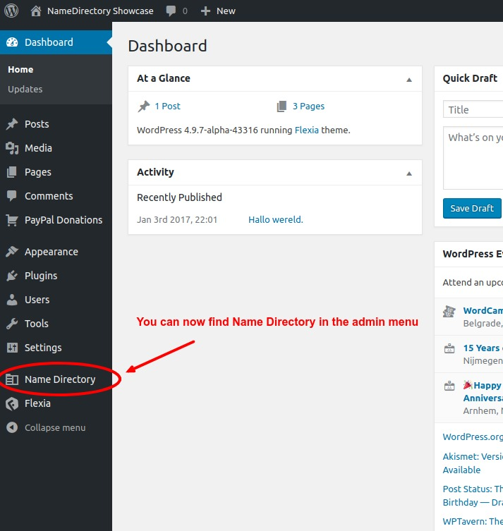 Where to find the Name Directory plugin settings page