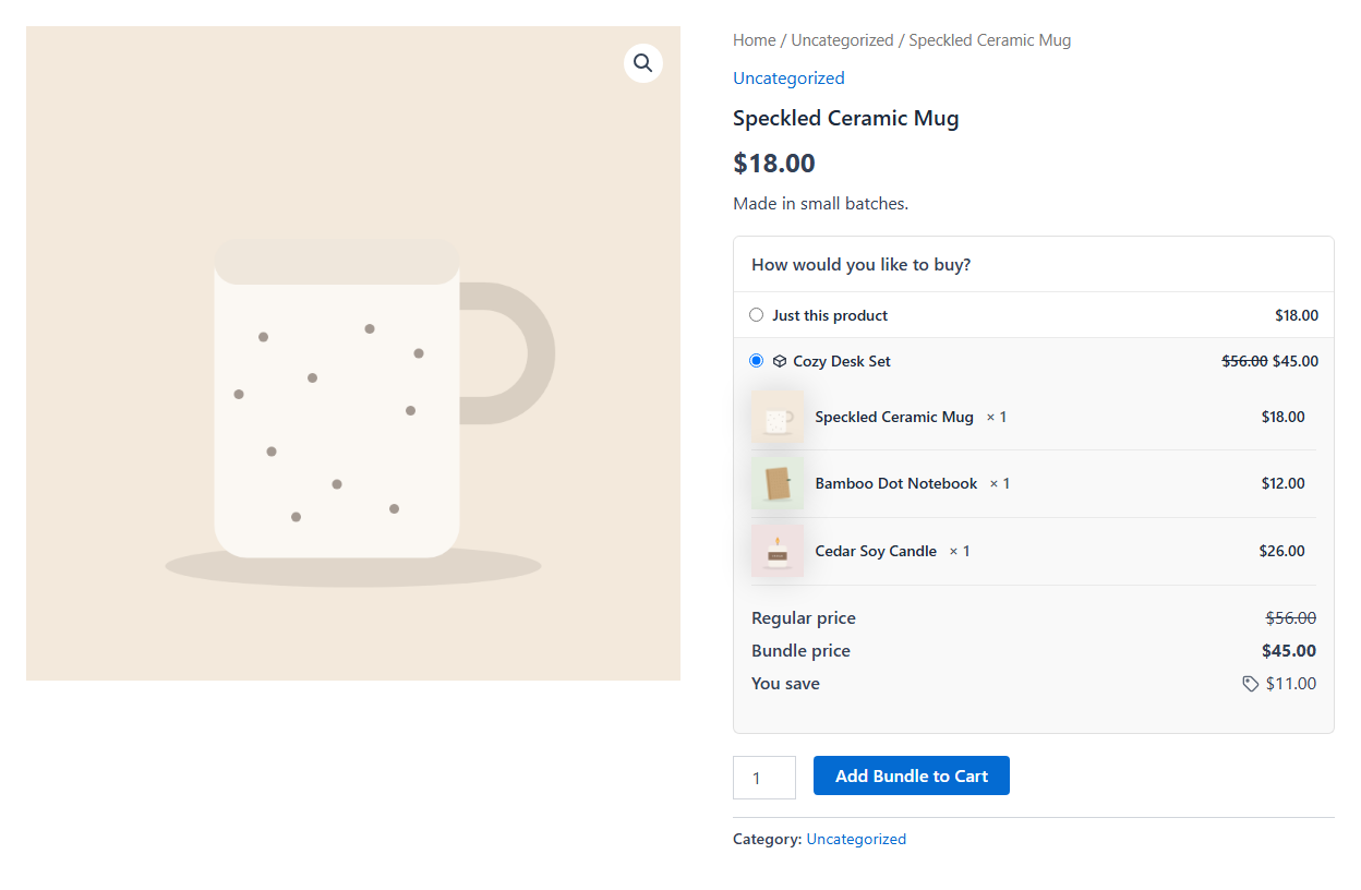 A bundle on a product page: shoppers choose the product alone or the bundle, and see what they save.