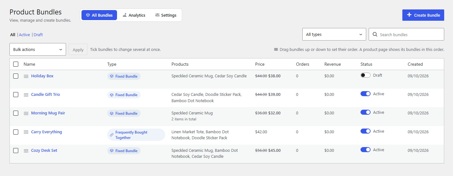 All your bundles in one list, with bulk actions, status switches and drag to set the order.