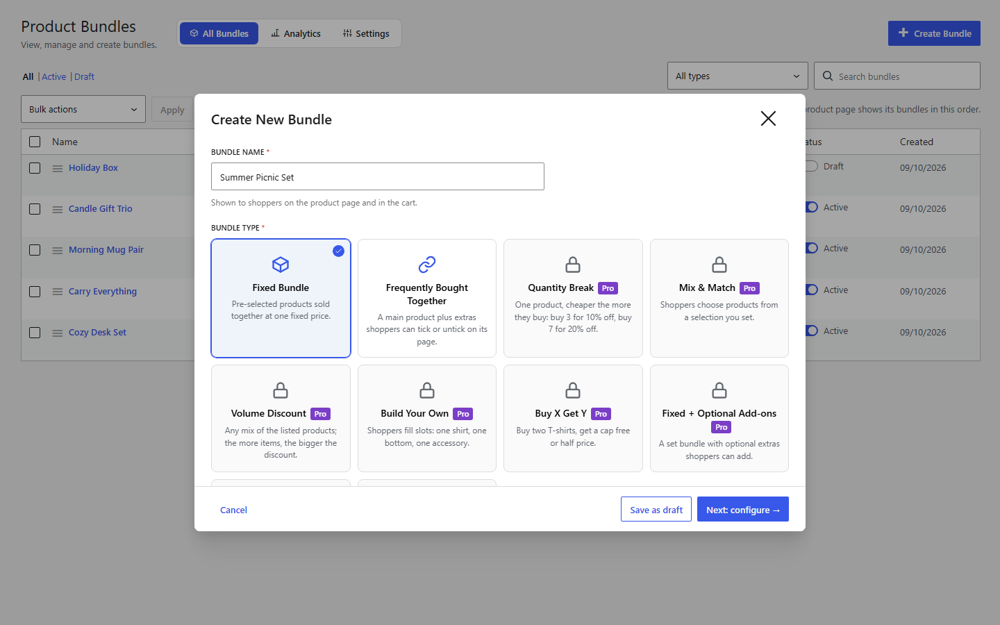Creating a bundle: give it a name and pick a type.