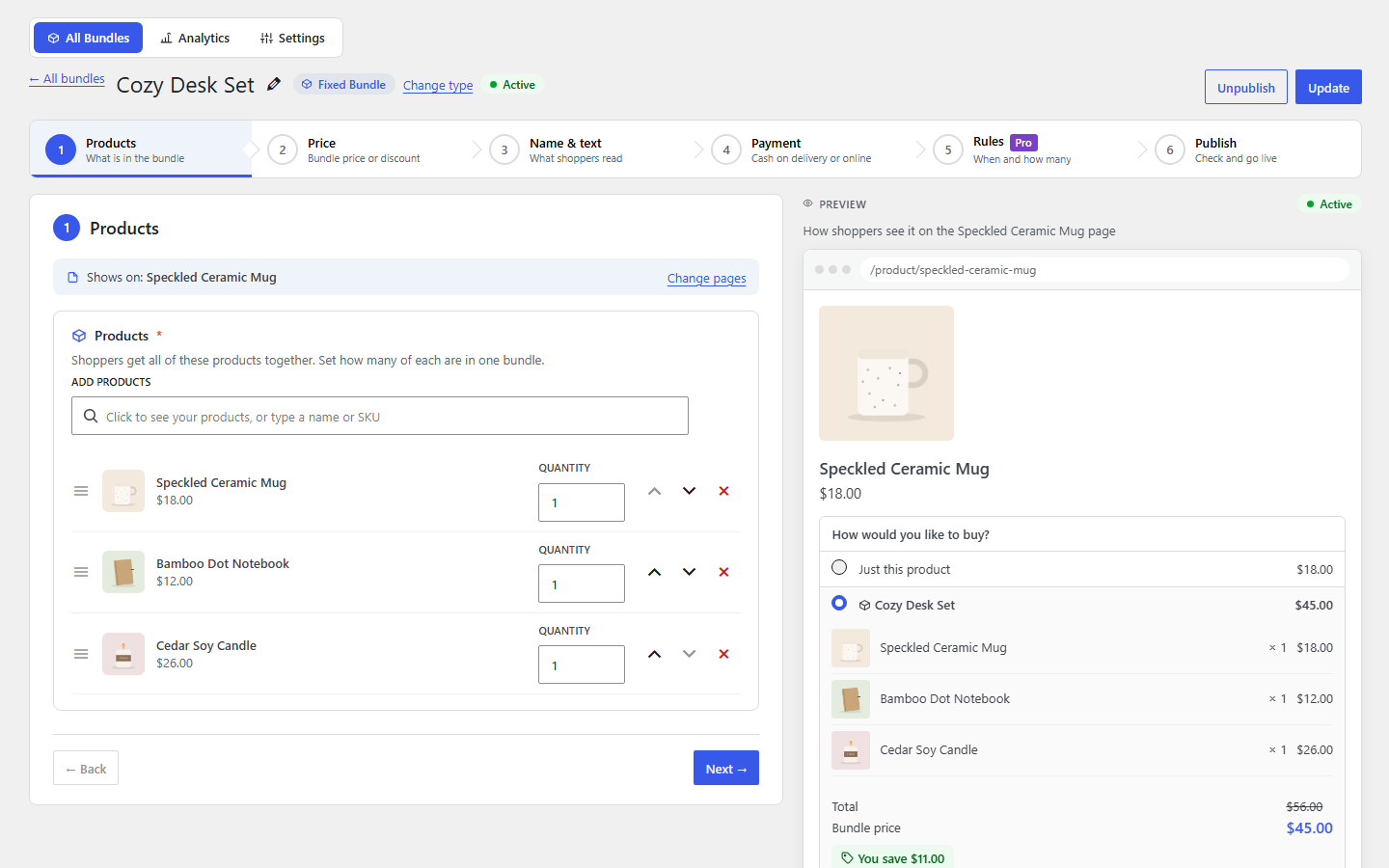The bundle editor: add products and see a live preview of the product page.