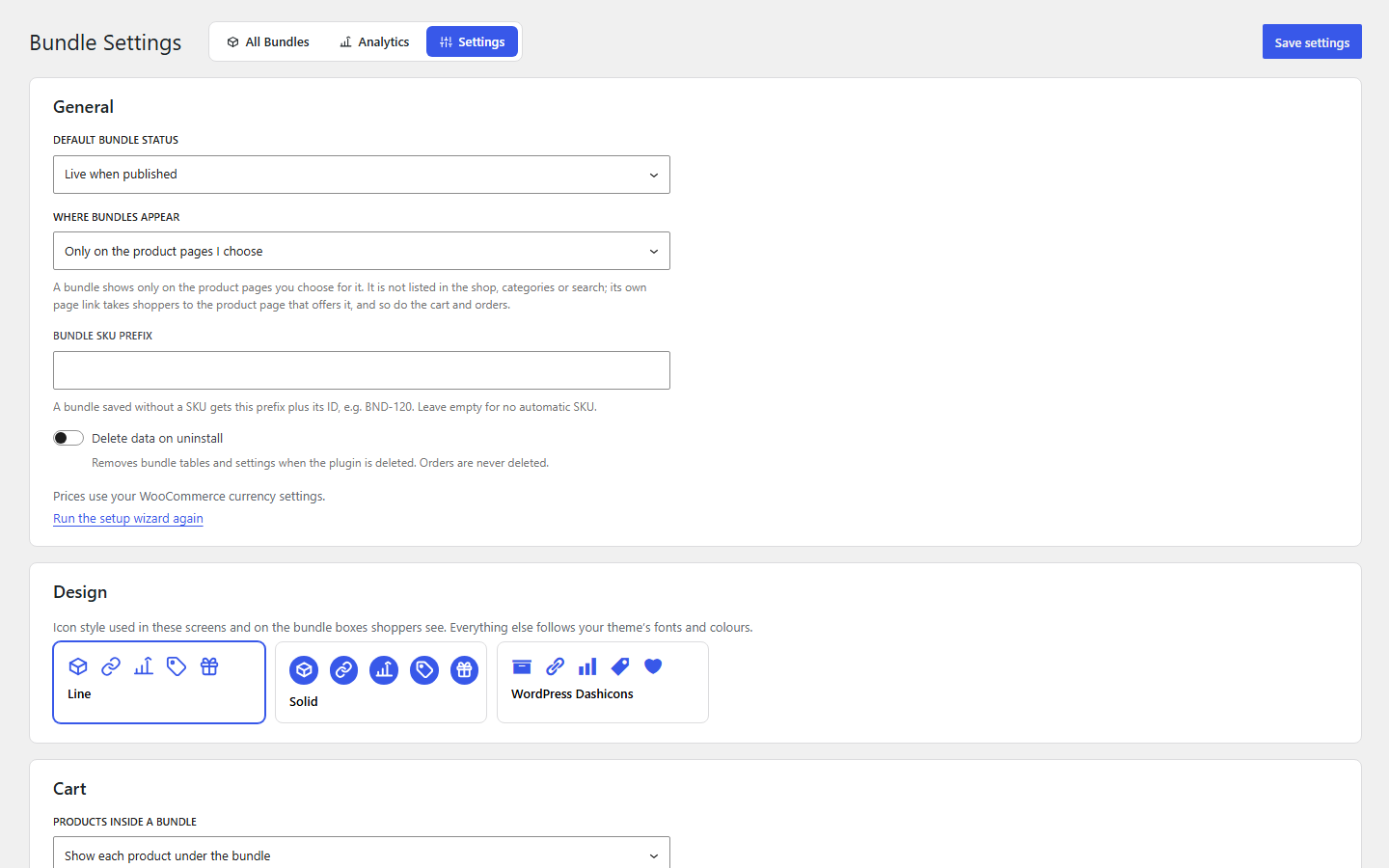 Settings: where bundles appear, icon style, cart display and more.