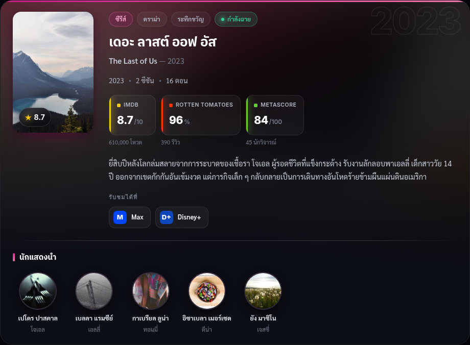 TV series widget — compact layout with scores, synopsis and streaming availability.