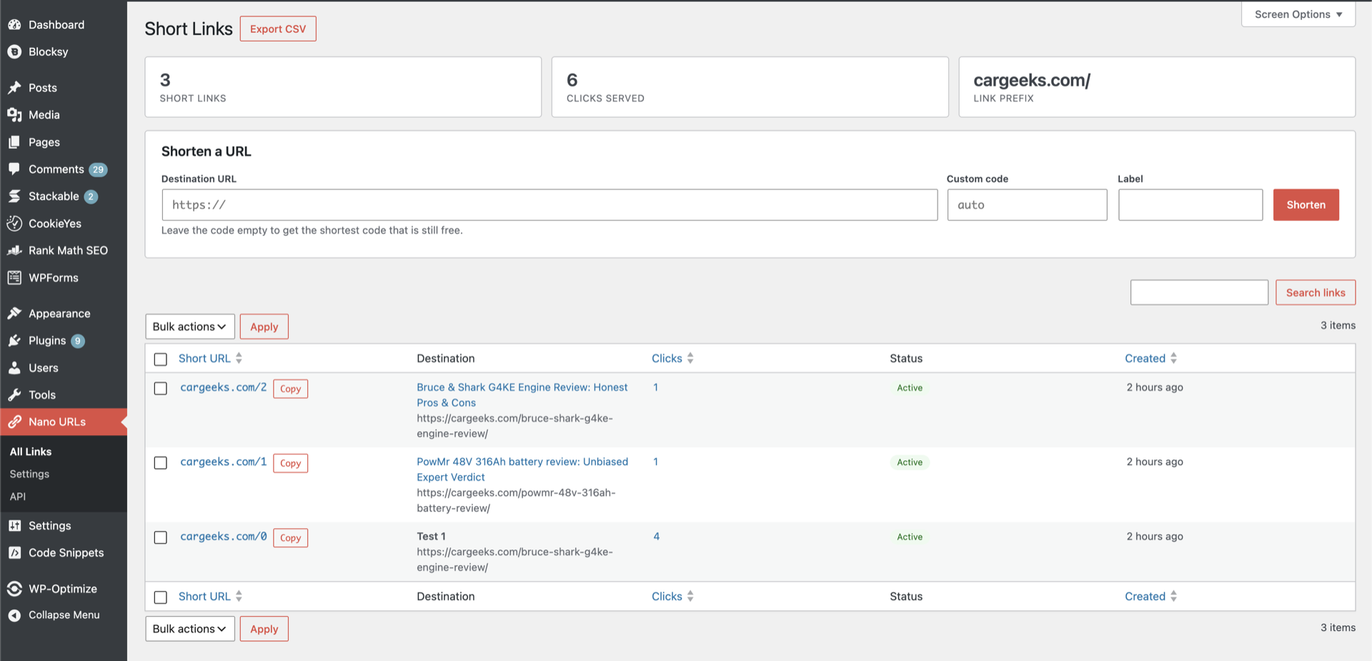 The links screen, with the quick shorten form and every link at a glance.