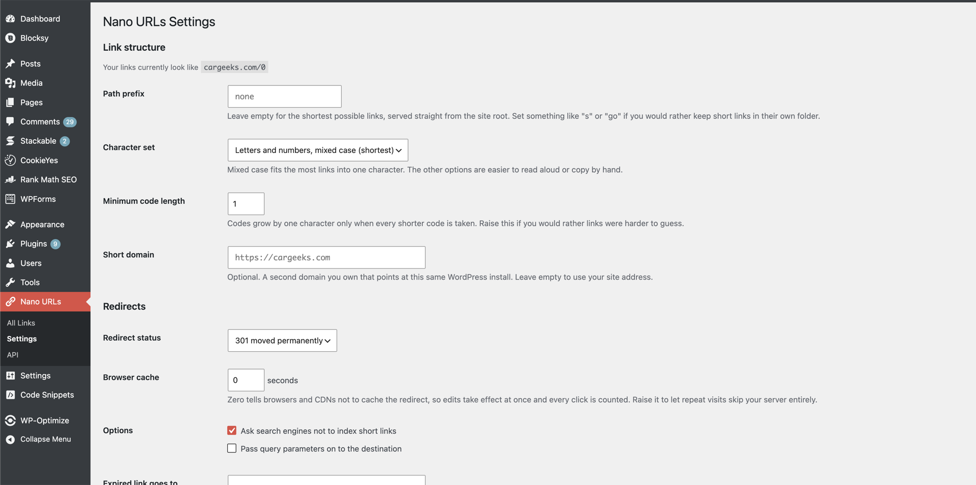 Settings: link structure, redirects, performance and access.