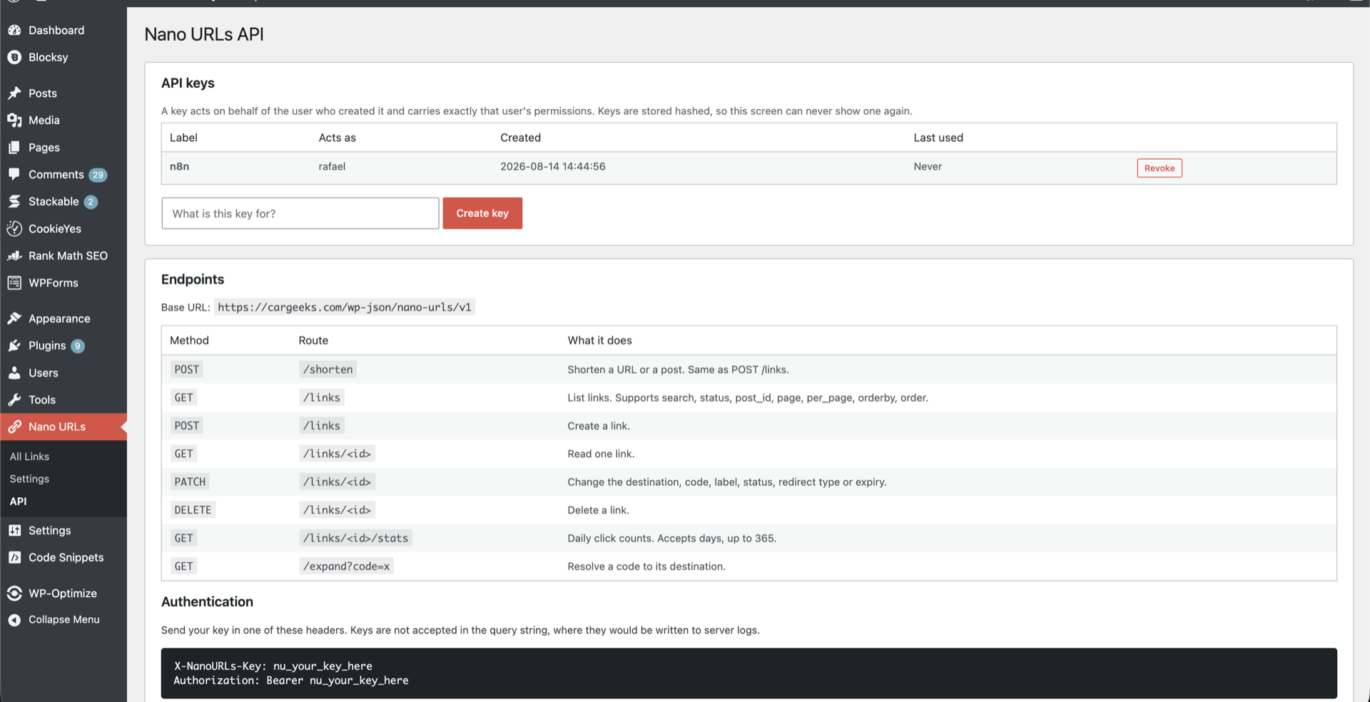The API screen, with key management and endpoint documentation.