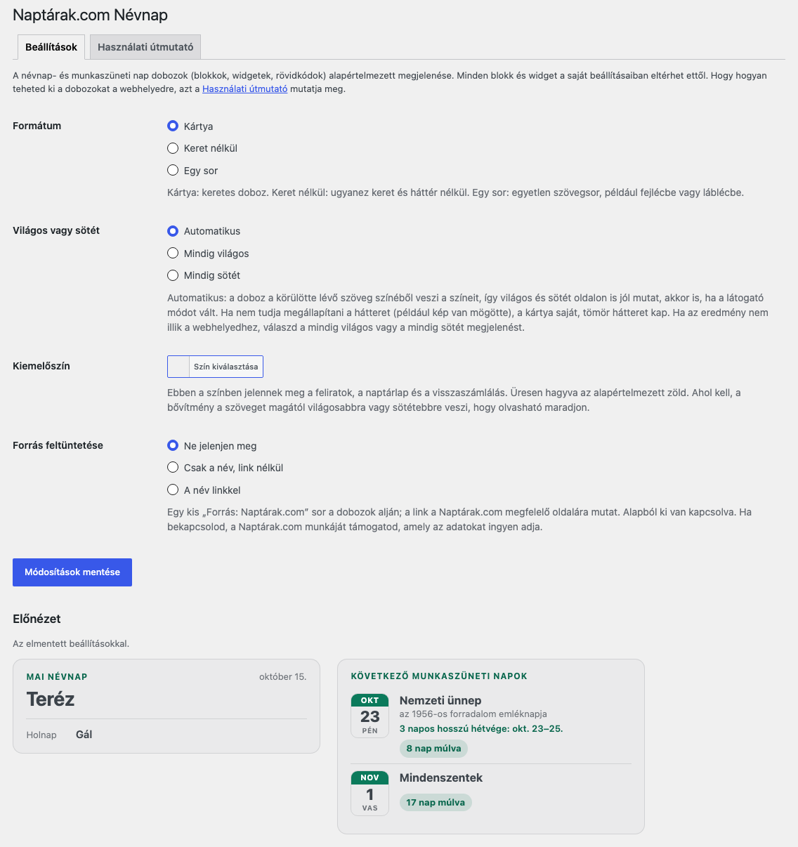 The site-wide settings with a live preview (Settings → Naptárak.com Névnap).