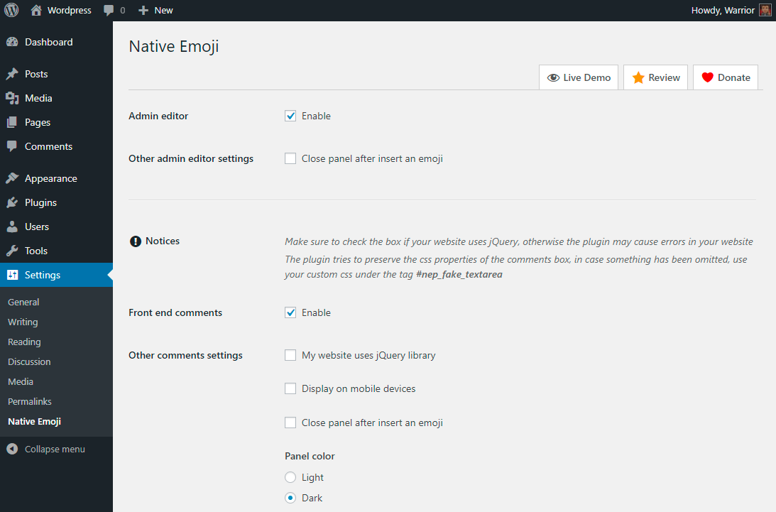 Settings Page