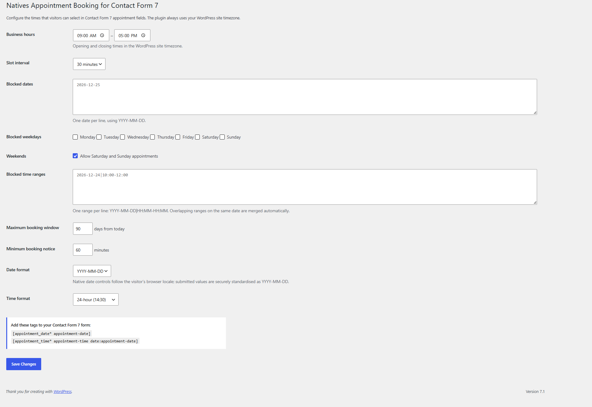 Settings screen for business hours, blocking, and booking rules.