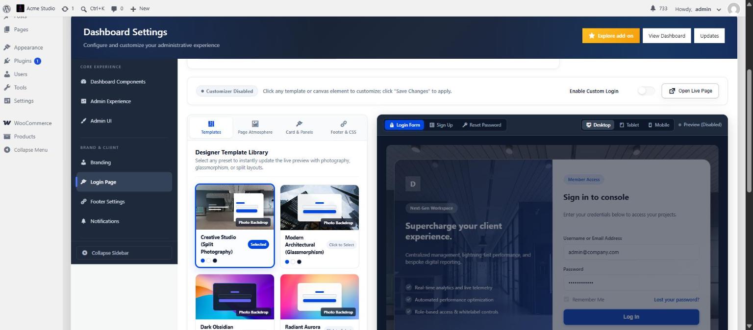 The Login Page Studio with its template library and live canvas preview.