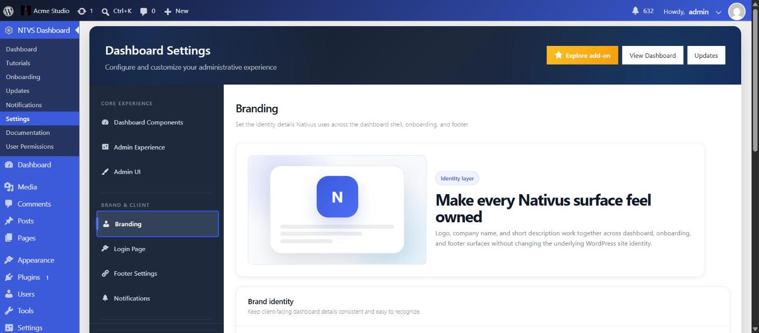 Branding settings for agency and client identity.