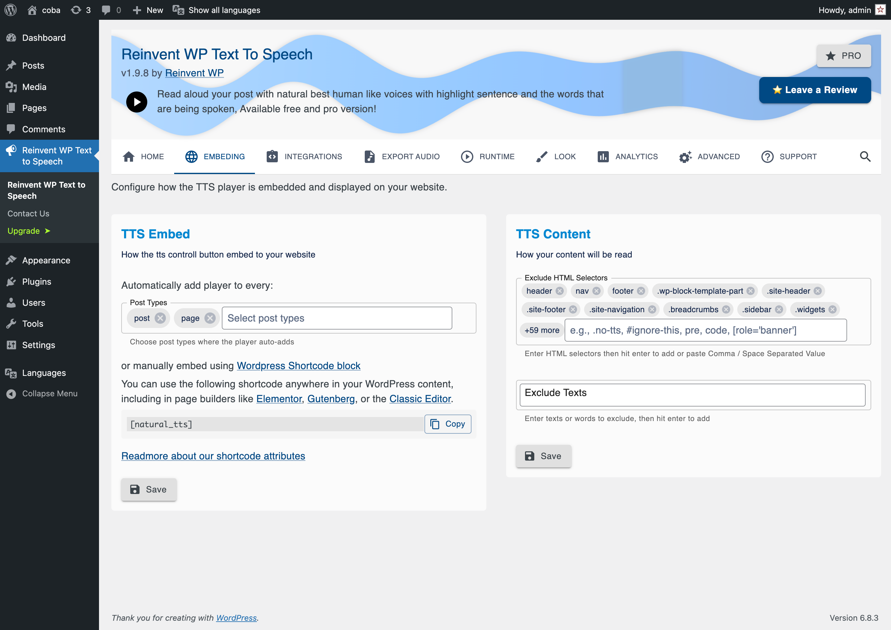 Setting Page: Embed the player