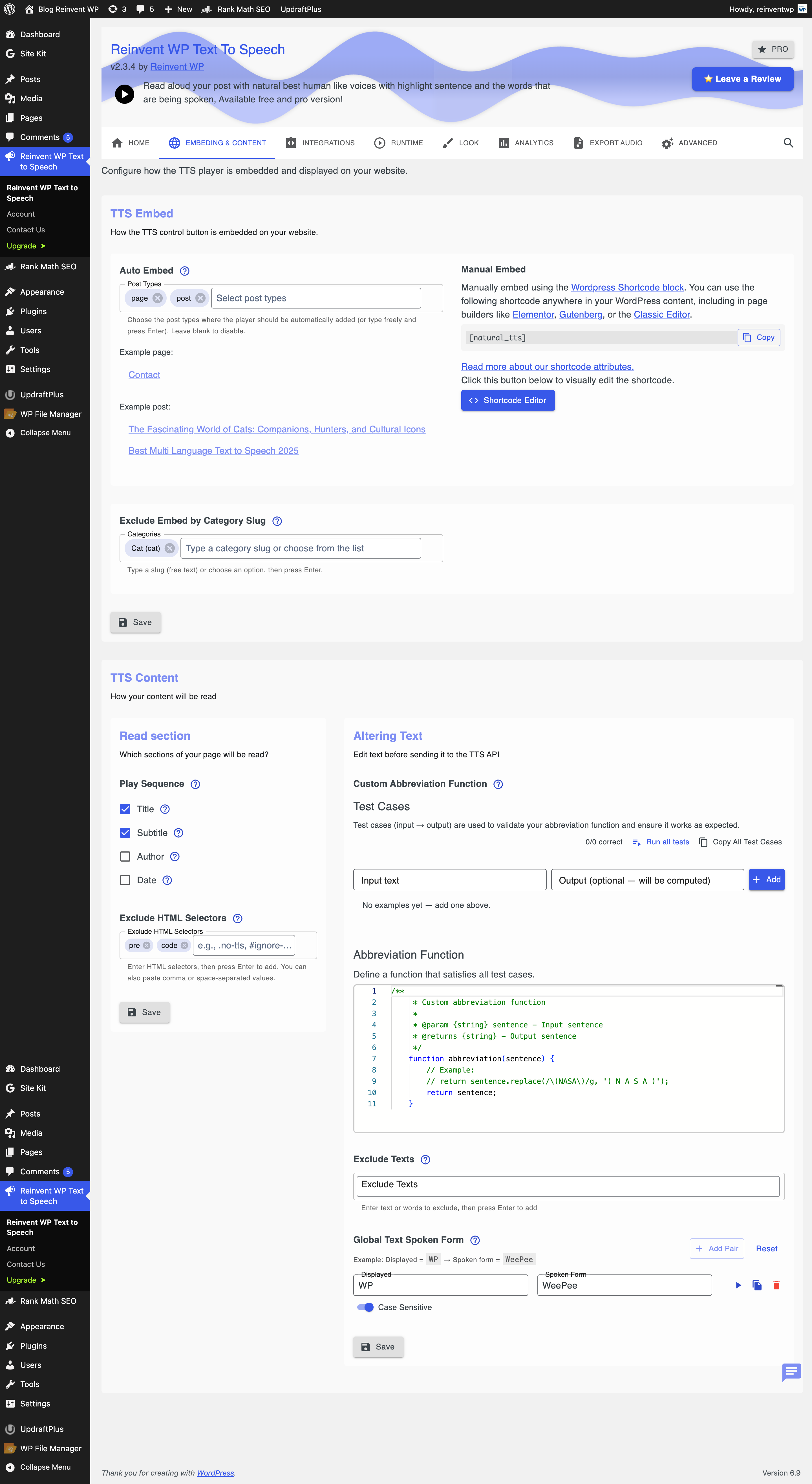 Setting Page: Embed the player