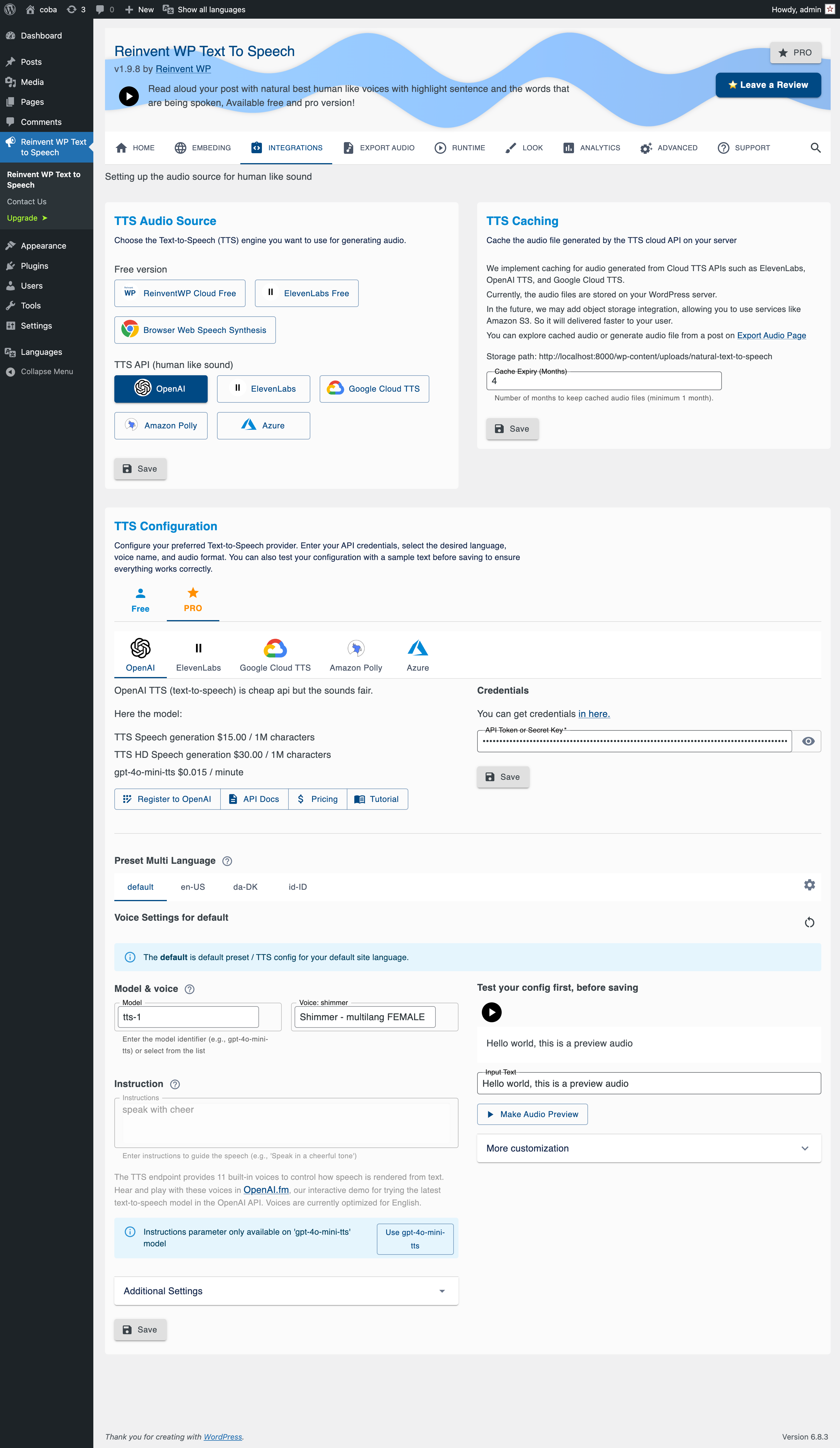 Setting Page: Audio &amp; Integration PRO Version - Integrate with TTS API like OpenAI, ElevenLabs, Google Cloud Text To Speech, Amazon Polly, Azure AI Speech