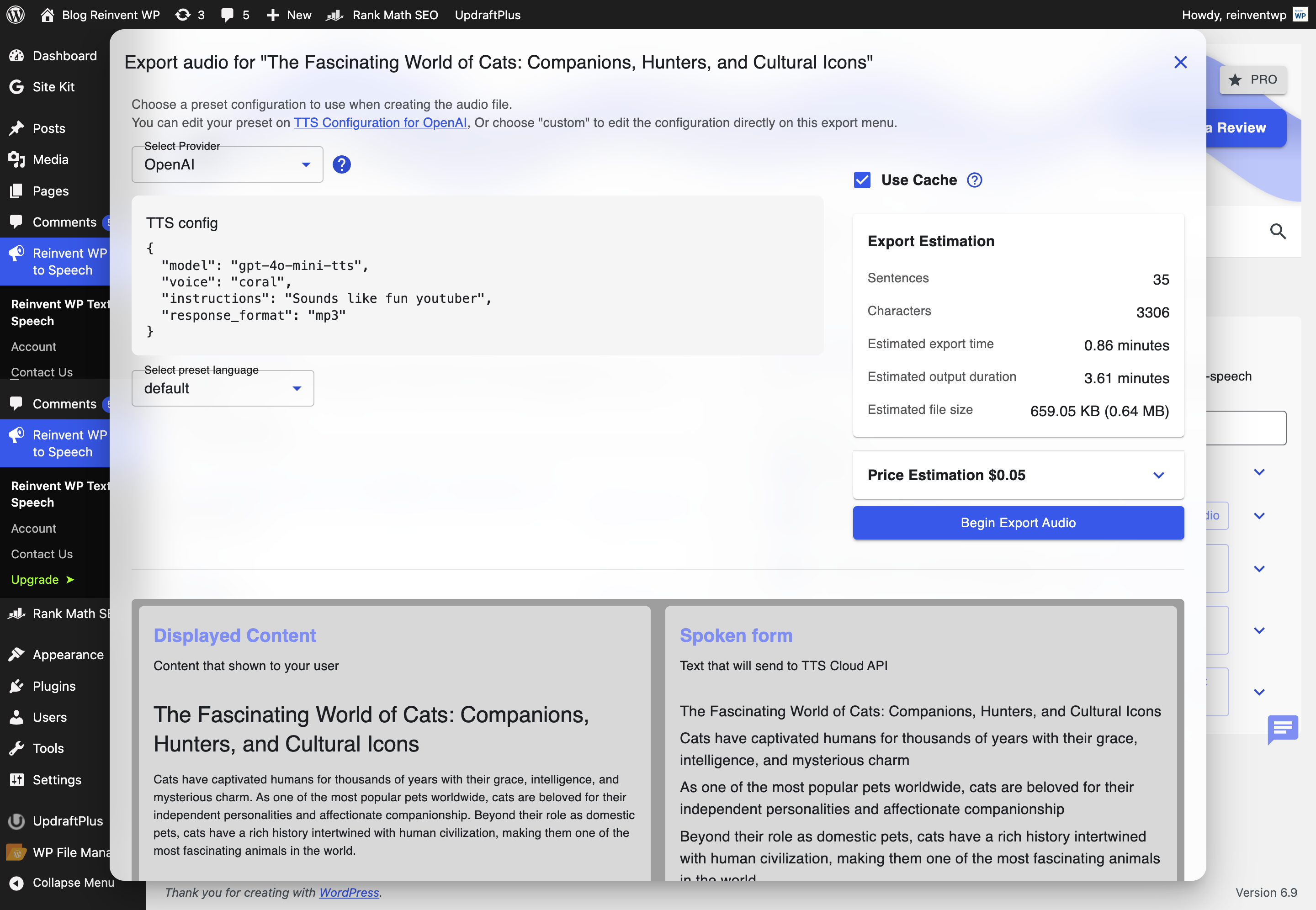 Setting Page: Export posts / article to audio file. (You can use for audio book, podcast or youtube video)