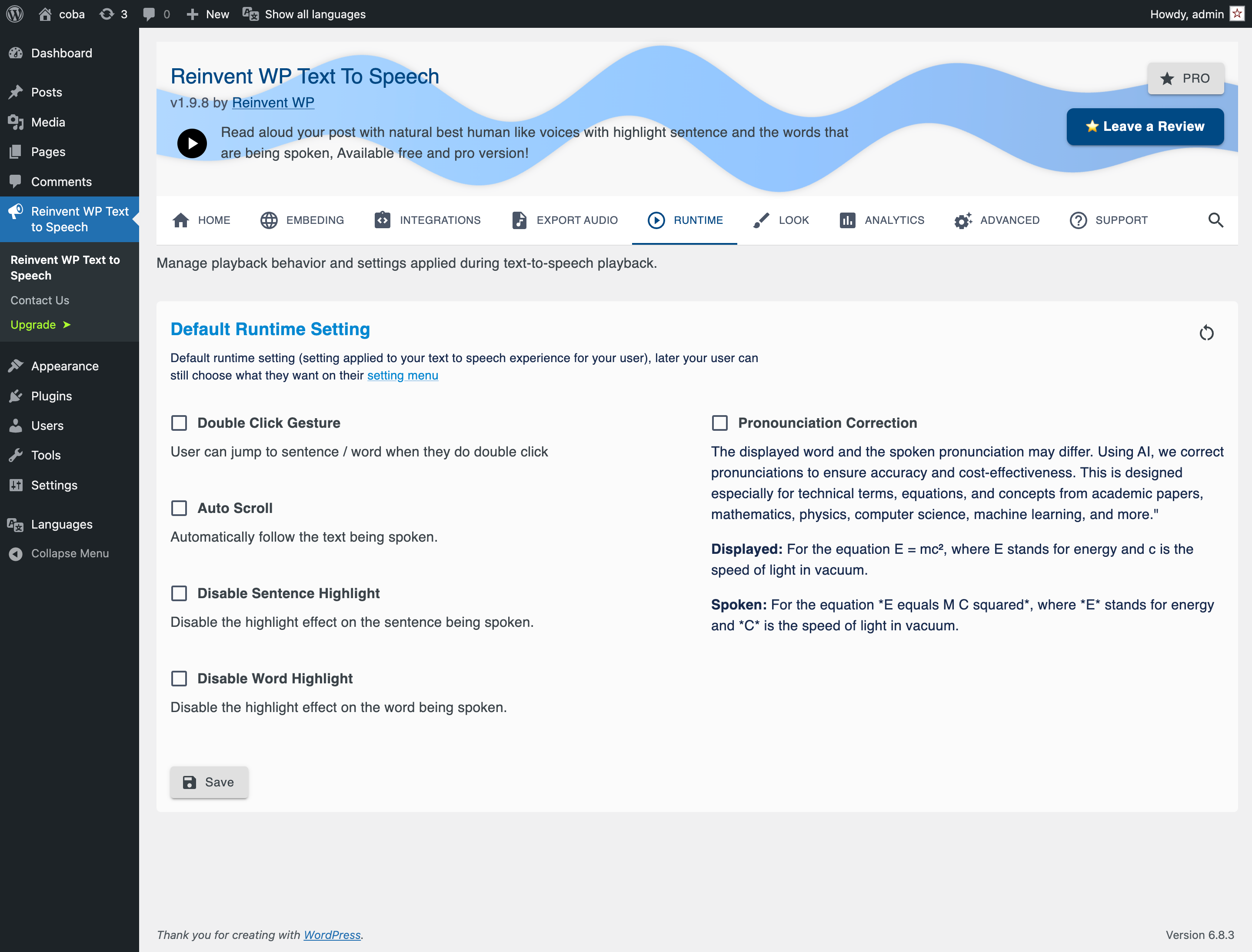 Setting Page: Runtime config - Automatically follow the text being spoken, Pronunciation correction