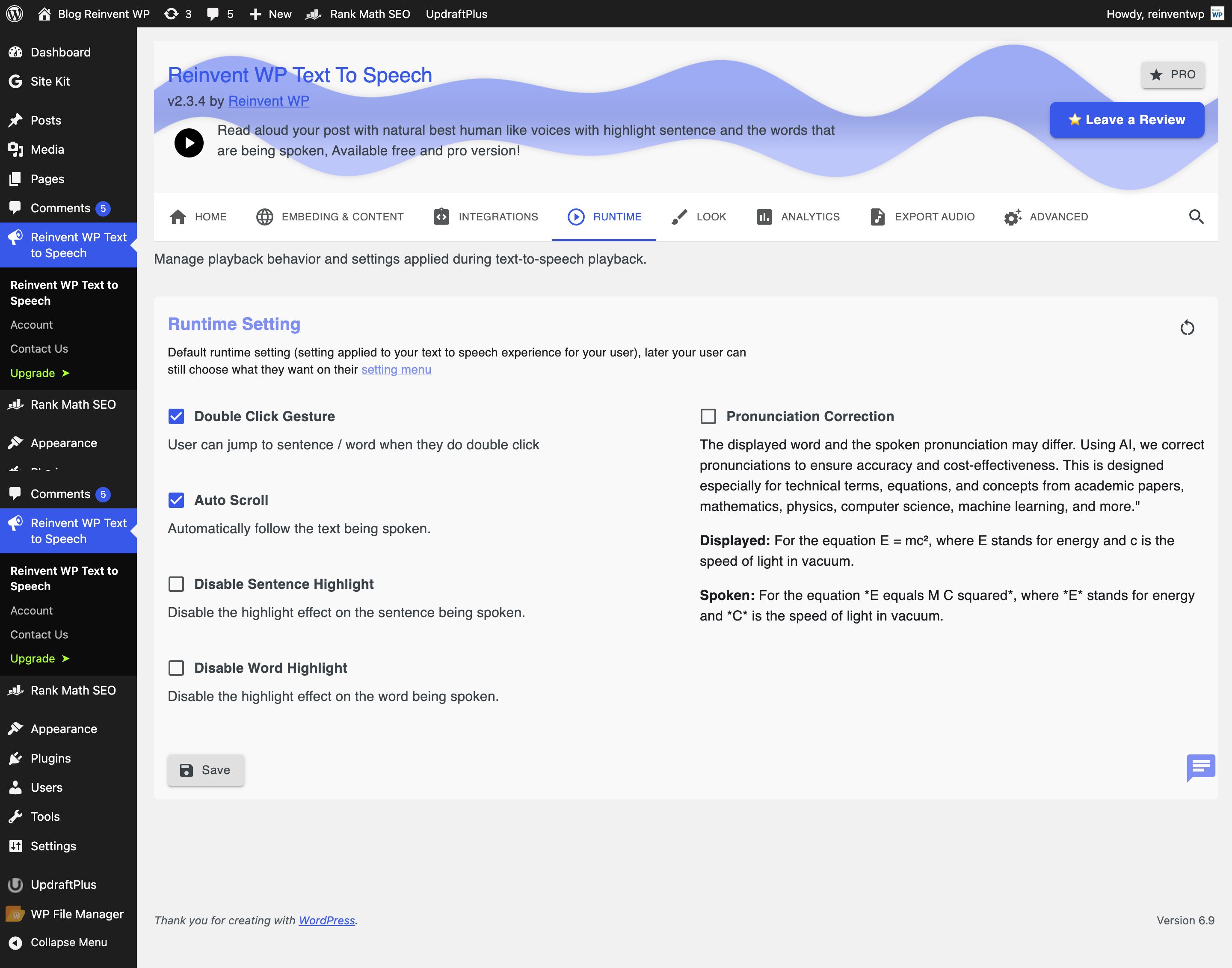 Setting Page: Runtime config - Automatically follow the text being spoken, Pronunciation correction