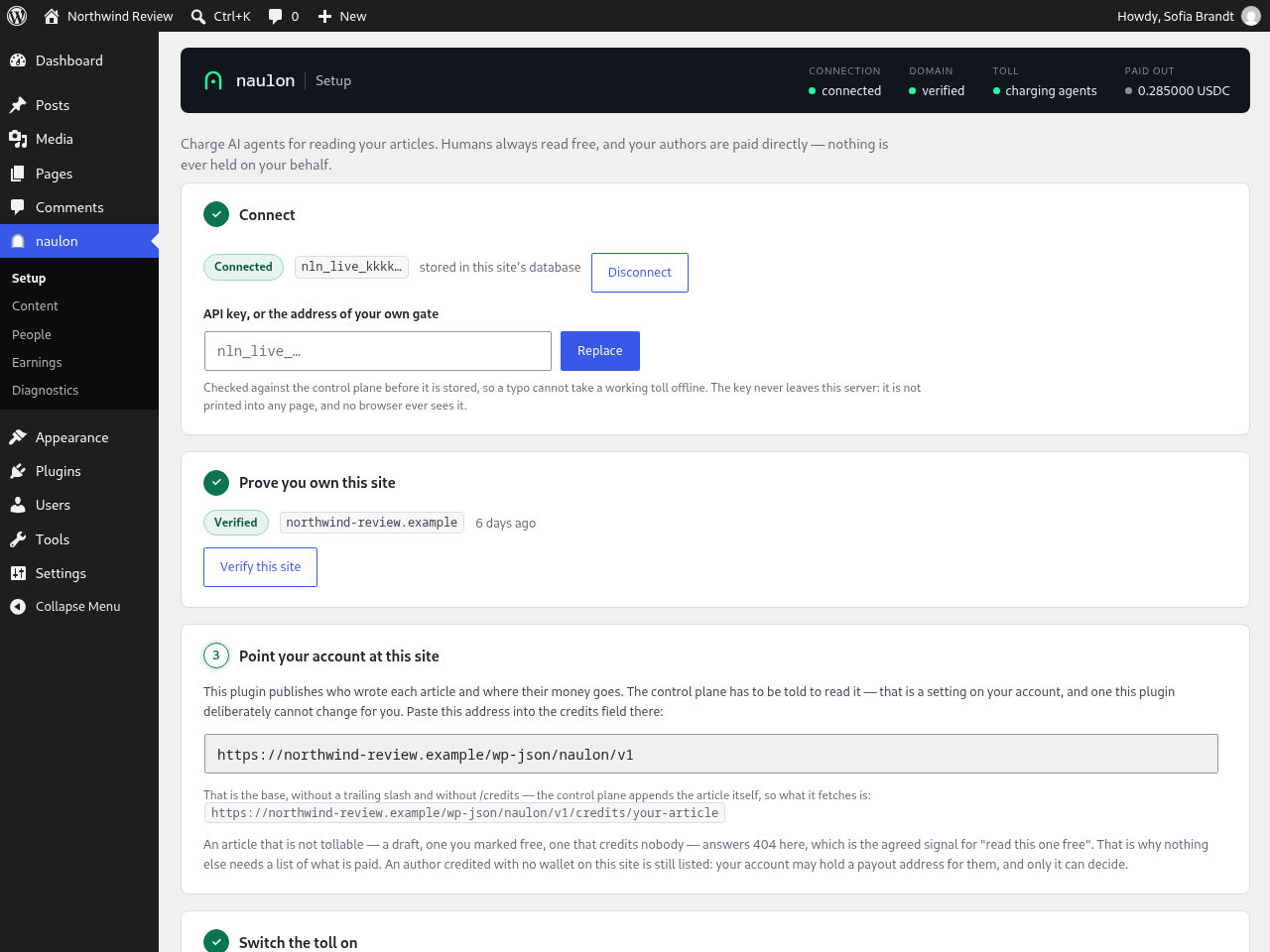 Setup: connect, verify, switch on, and test the toll against your own site.
