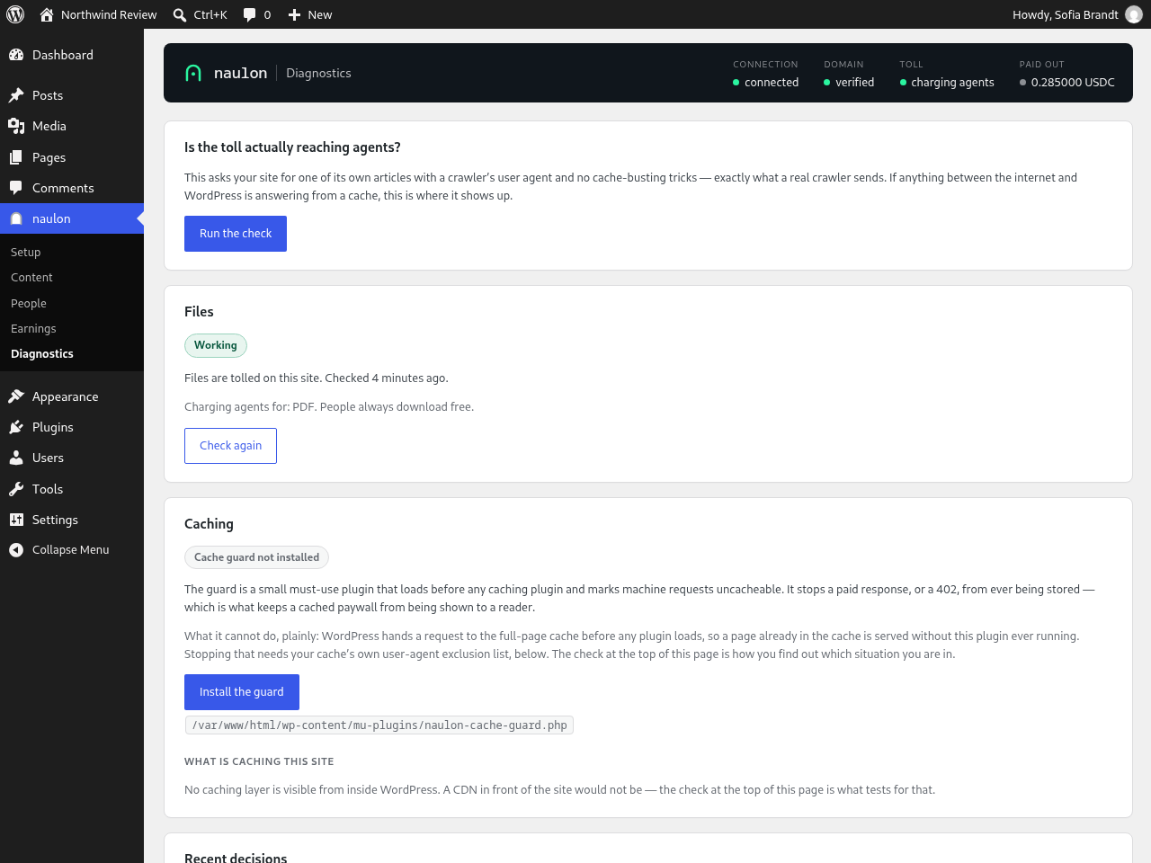Diagnostics: whether files can be tolled on your server, the caching check, recent decisions, and connection health.