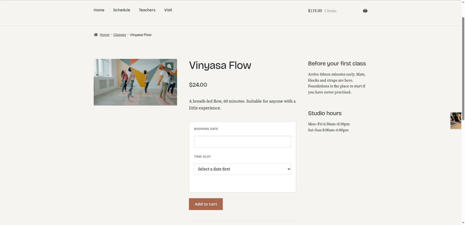 Choosing a time slot on the product page, with the timezone shown.