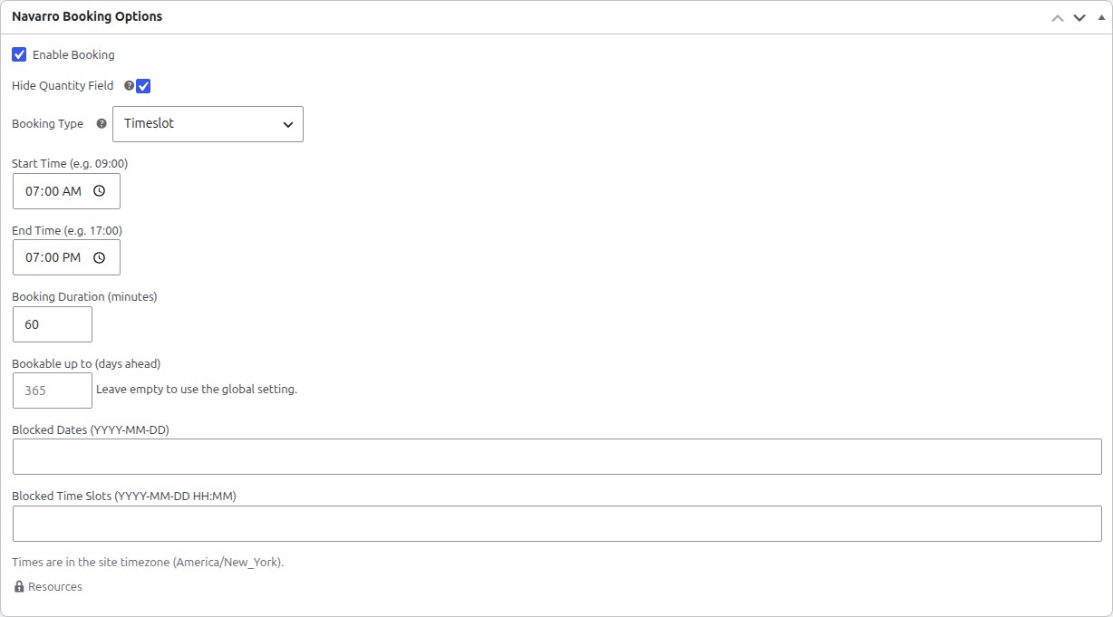 Booking options on a product.