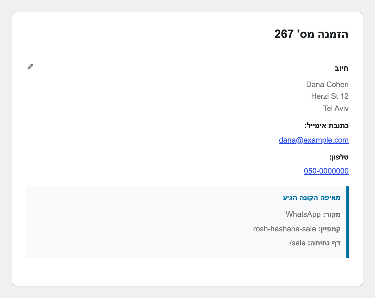 בעמוד ההזמנה רואים מאיפה הקונה הגיע: מקור, קמפיין ודף נחיתה.