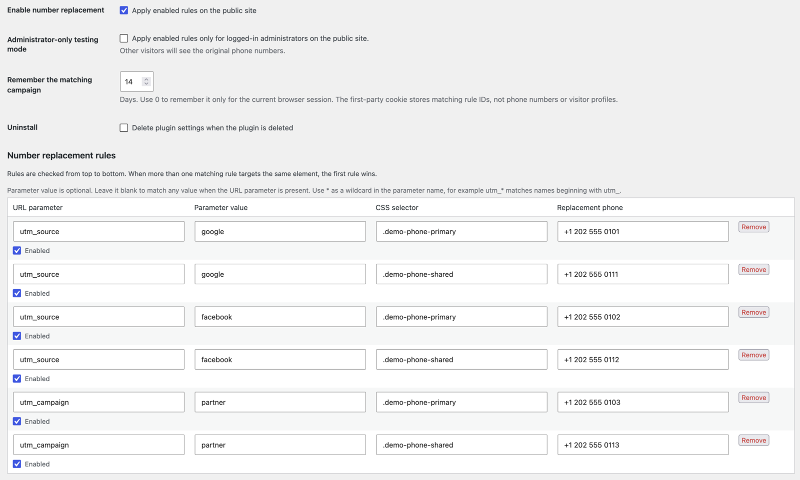 NeedToMe Phone Number Switcher settings with example campaign rules (screenshot-1.png).