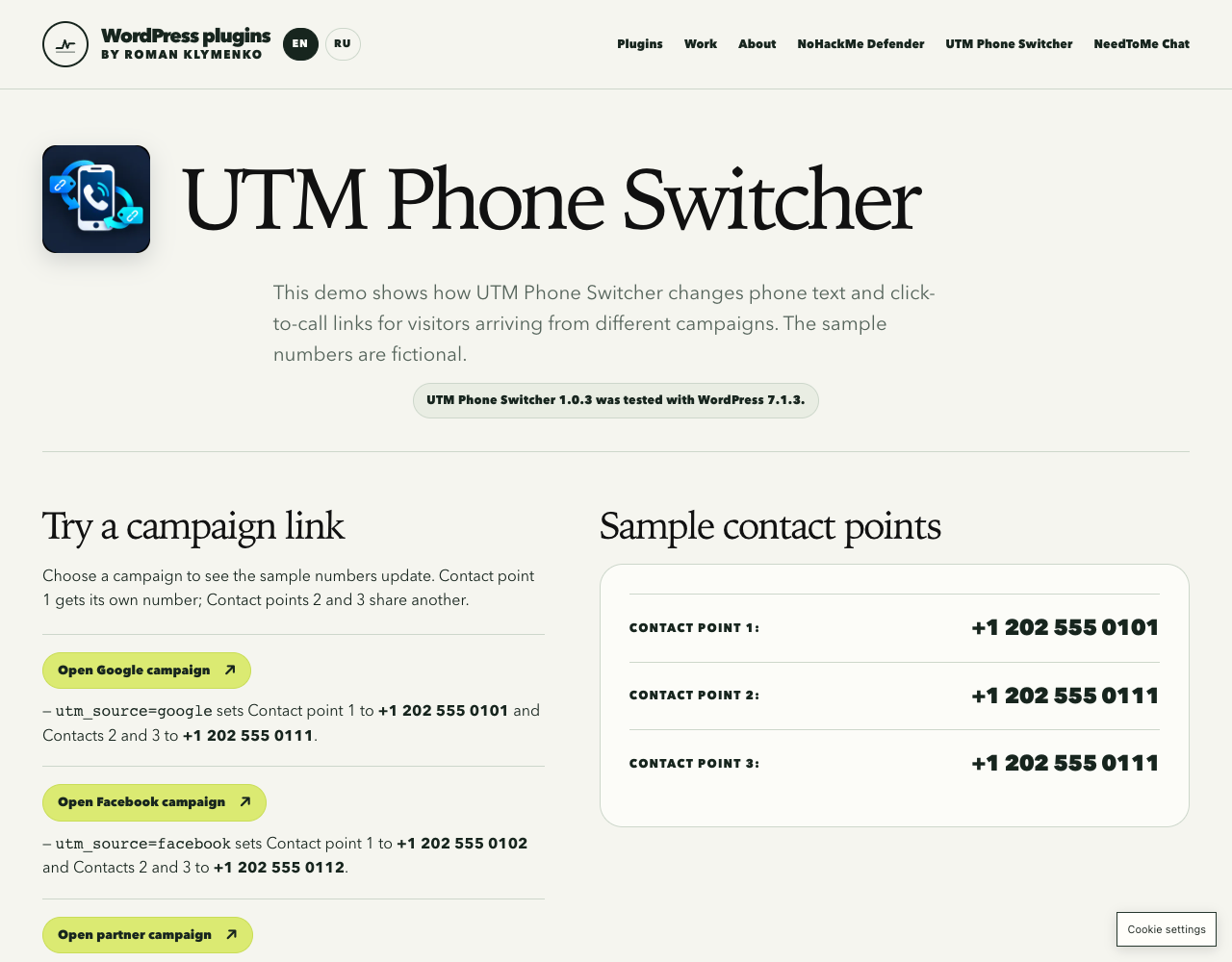 Live campaign demo showing the replacement phone numbers (screenshot-2.png).