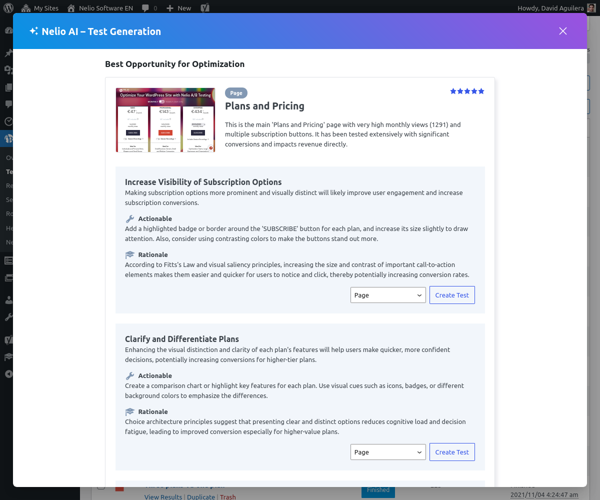 Nelio AI jumpstarts your optimization process by analyzing your site and suggesting high-impact test ideas tailored to your content—so you can start testing smarter, faster.