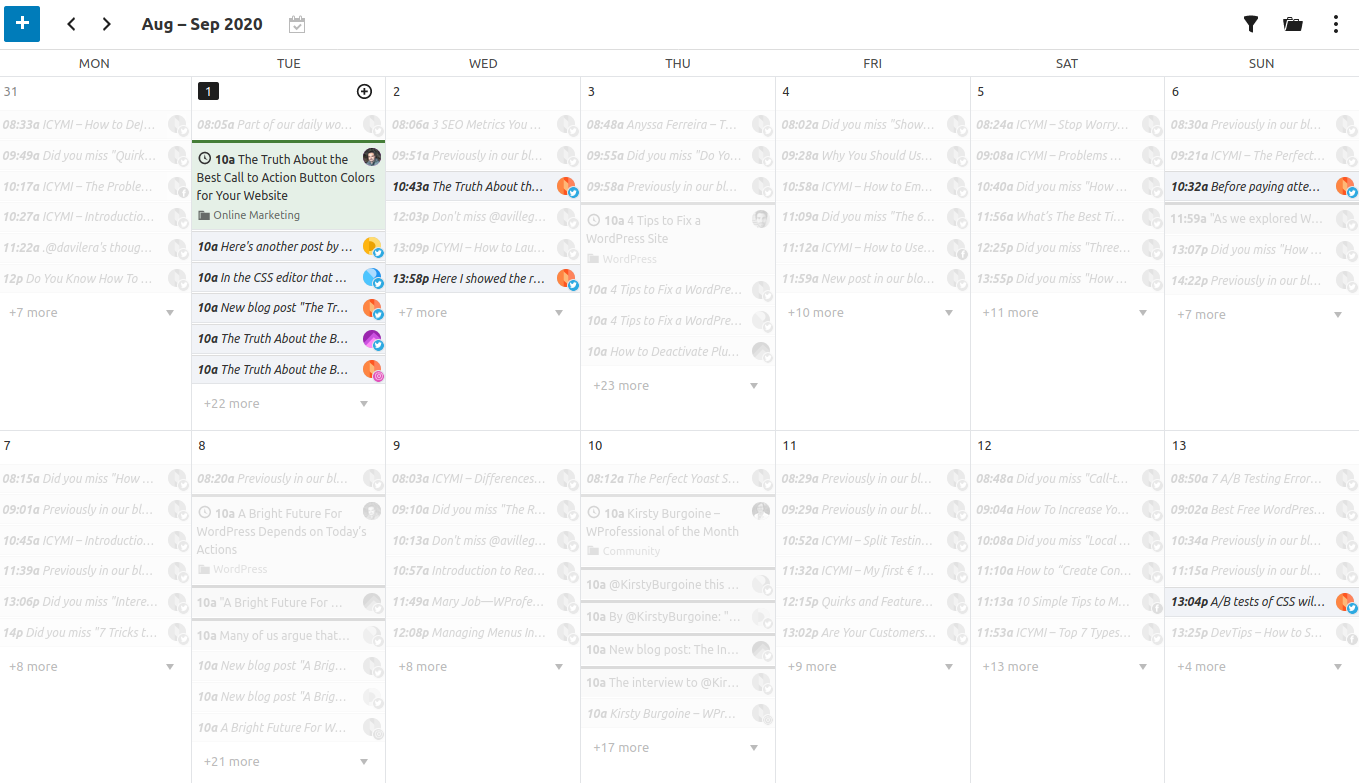 <strong>Focus on the important things.</strong> The Editorial Calendar highlights all the elements that are related, so that you can easily identify which social messages and tasks belong to a certain post.