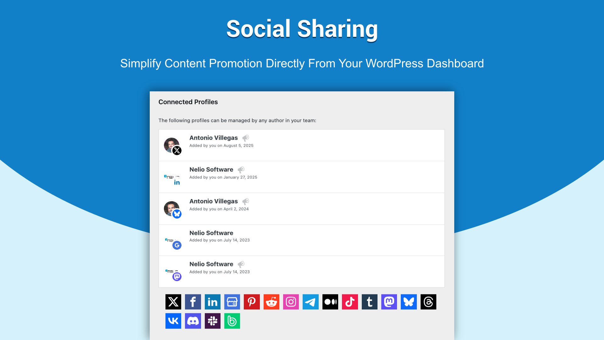 <strong>Social Sharing.</strong> Connect all your profiles to Nelio Content and streamline social sharing from your WordPress dashboard.