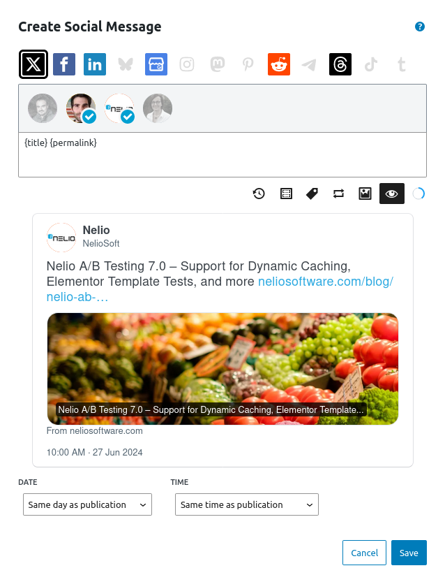 <strong>Integrated Social Message Editor.</strong> Nelio Content includes a beautiful dialog where you can select multiple profiles of different networks, create a message that will be shared on all of them, preview how it’ll look like, and schedule the exact date and time in which the message has to be automatically shared.